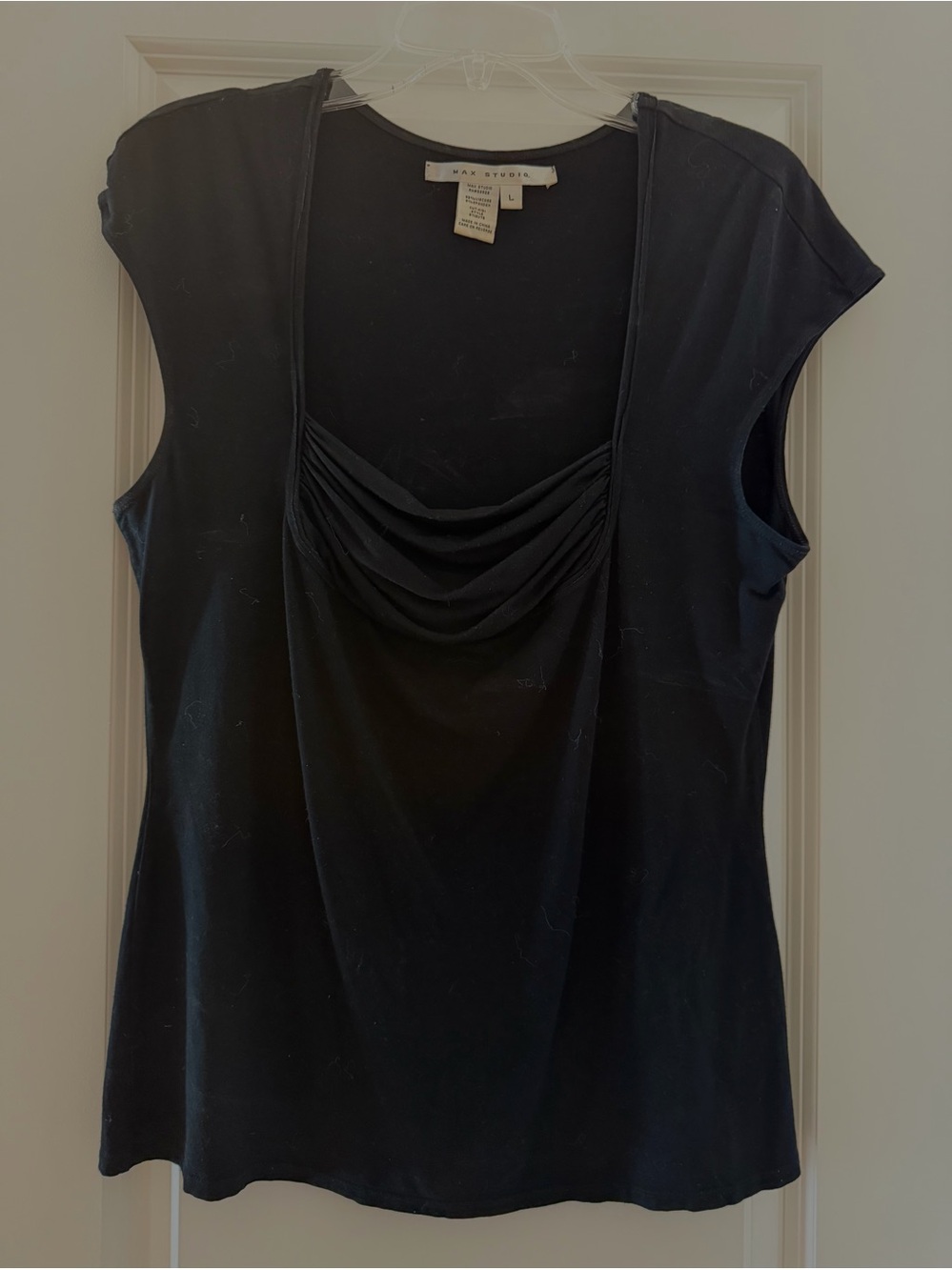 Max Studio Black Cap-Sleeve Draped Squared Front Top